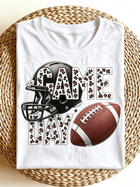 Leopard Print Game Day Football Graphic T‑Shirt, Casual Short Sleeve Crewneck Tee for Sports Fans