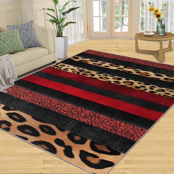 Leopard Print Geometric Area Rugs, Black Red Fashion Carpet, Washable Non Slip Low Pile Soft Rug for Living Room Bedroom Dining Room Home Office Decor Mat 2x3ft