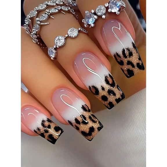 Leopard Print Glitter Press On Nails Long Coffin,24Pcs Nude Fake Nails With Jelly Glue,Reusable False Nails for Women