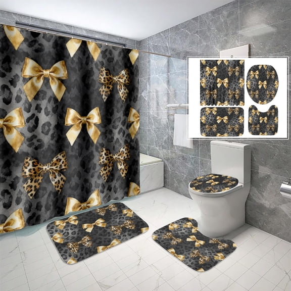 Leopard Print Gold Bow Shower Curtain Set 4 Piece, Chic Animal Print Bathroom Decor with Velvet Bath Mats, Waterproof Polyester Shower Curtain for Modern Bathroom Accessories