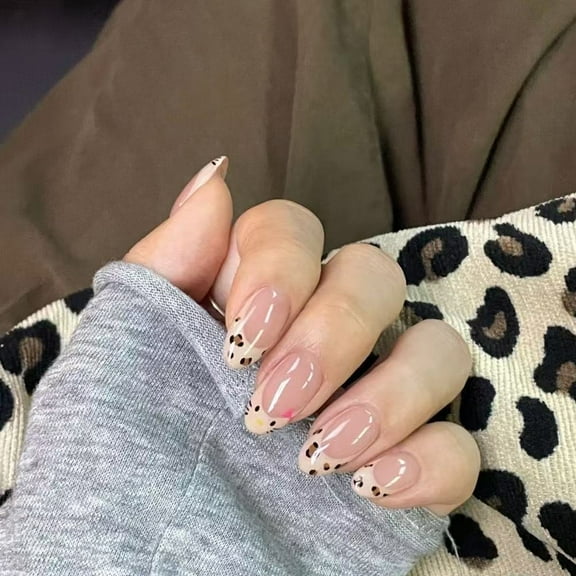 Leopard Print Gradient Gloss False Nails Pointed French Tips