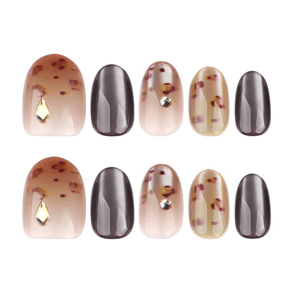 Leopard Print Gradient Rhinestone Accent Press on Nails, Short Squoval Glossy Fake Nails, 10 Count