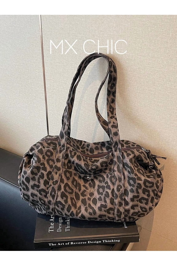 Leopard Print Grey Nylon Tote Bag With Dual Handles And Zipper Closure