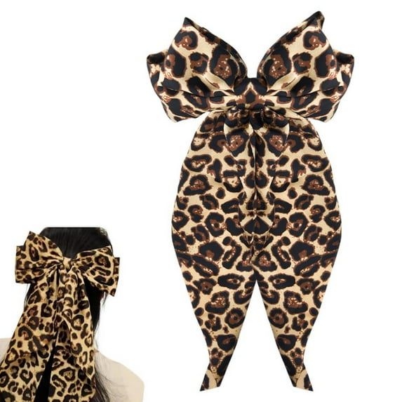 Leopard Print Hair Bow Clip for Women Girls Big Halloween Hair Bow Clips Large Leopard Bow Hair Clips with Long Tail Hair Bow Barrette for Girls Cosplay Halloween Hair Accessories for Women Girls