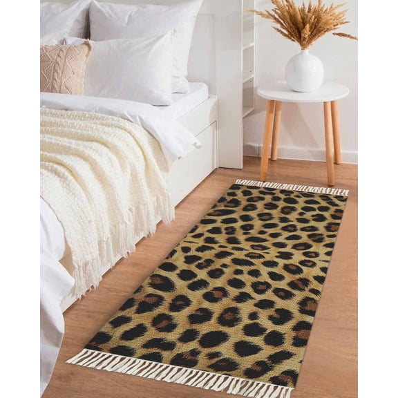 Leopard Print Hallway Runner Rug 2x6ft,Brown Yellow Retro Animal Fur Pattern Washable Woven Living Room Bedroom Kitchen Bathrom Carpet with Tassels,Indoor Outdoor Throw Door Mat for Entryway