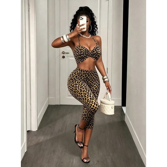 Leopard Print Halter Crop Top Capti Set