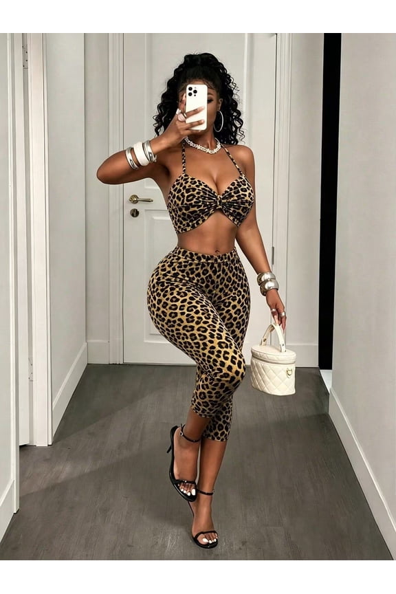 Leopard Print Halter Crop Top Capti Set
