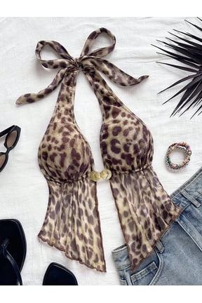 Leopard Print Halter Neck Crop Top With Side Slit Multicolor