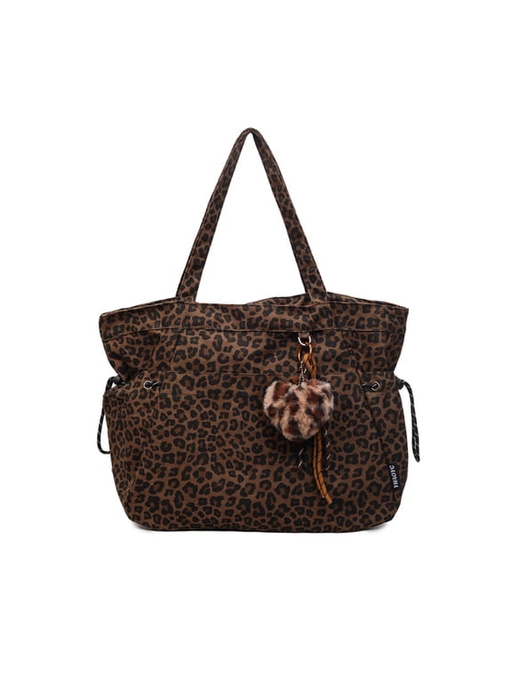Leopard Print Handbag for Women Fashion Large Capacity Tote Bag Versatile Zipper Shoulder Bag with Pendant for Office Commuting