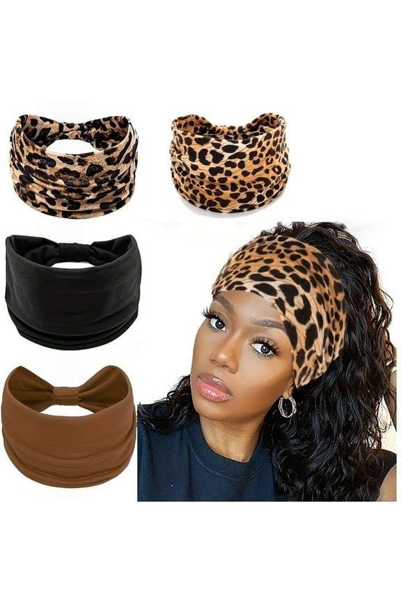 Leopard Print Head Wraps Elastic Stretchy Hair Bands Yoga Outdoor Headwear Running Workout Headwear Head Scarfs Turban for Women Girls Pack of 4