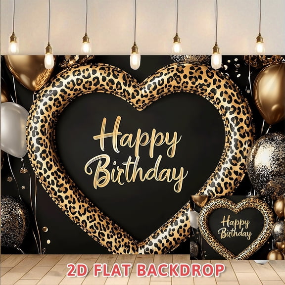 Leopard Print Heart Happy Birthday Backdrop, Black Gold Themed Party Decor, Suitable For Adult Birthday Celebrations, Birthday Banquets, Photo Booth Background And Party Scene Layout
