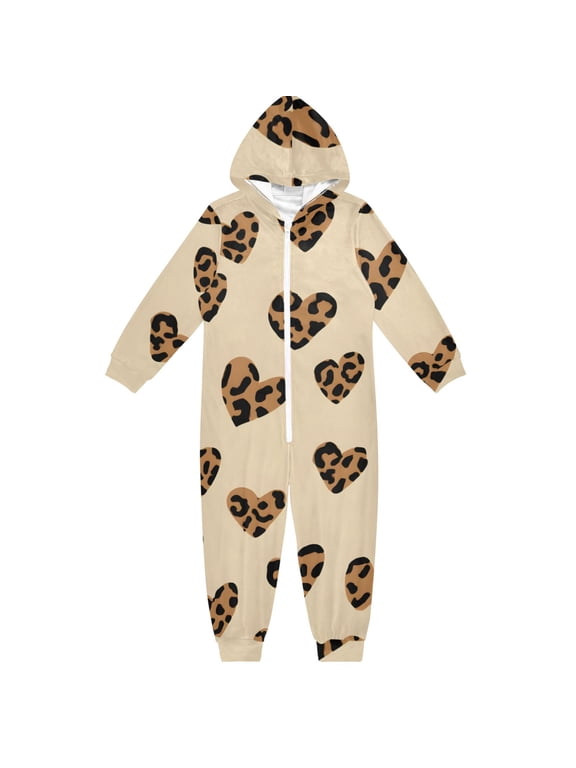 Leopard Print Heart Pattern One Piece Pajamas Soft Jumpsuit Cozy Sleep and Play Romper Zipper and Pockets 4T