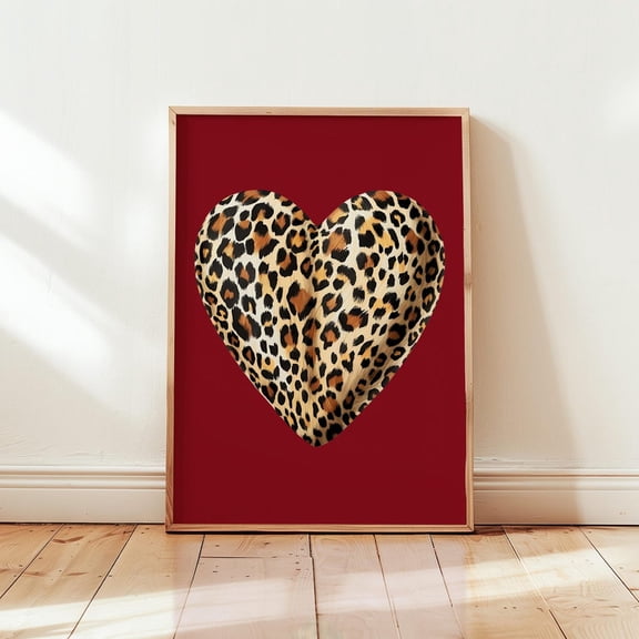 Leopard Print Heart Poster Boho Animal Pattern Red Glam Wall Art Cheetah Jungle Dorm Decor, Unframed Canvas 24x36in