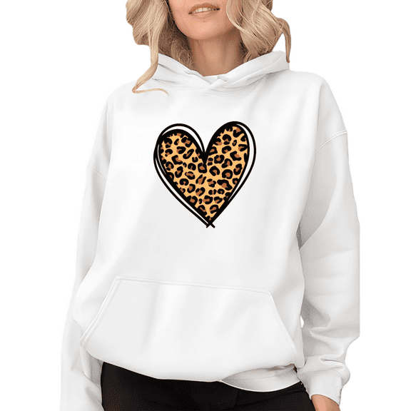 Leopard Print Heart Print hoodie Graphic Sweatshirt Trendy Cheetah Pattern White Pullover Women S-2XL Tops