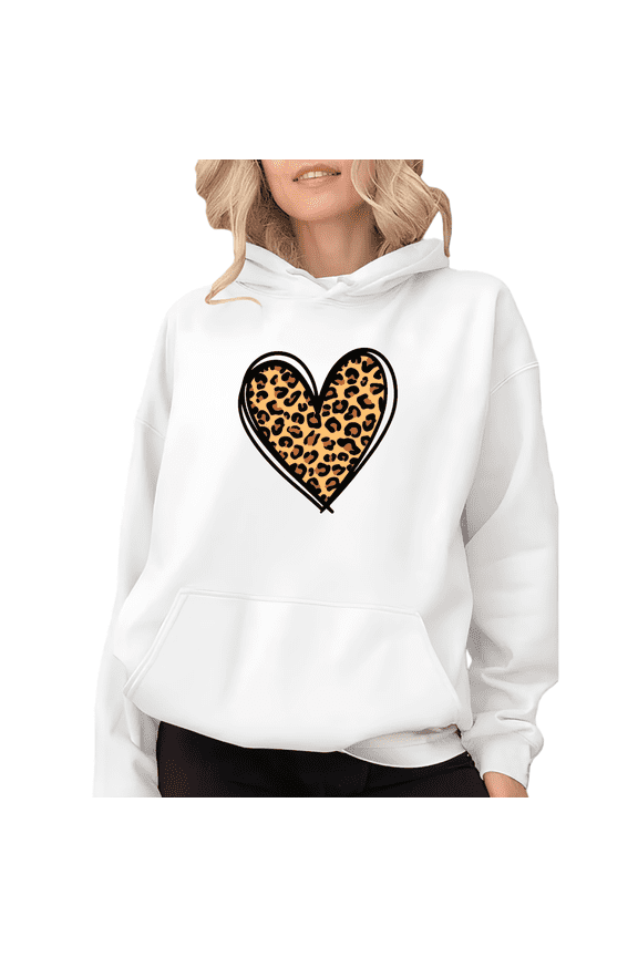 Leopard Print Heart Print hoodie Graphic Sweatshirt Trendy Cheetah Pattern White Pullover Women S-2XL Tops