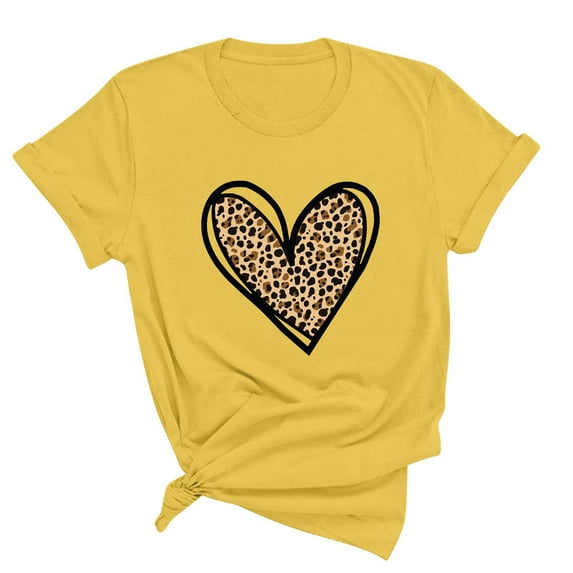 Leopard Print Heart T-Shirt for Womens Short Sleeve Crew Neck Tee Fashion Valentine's Day Shirts Petite Tops