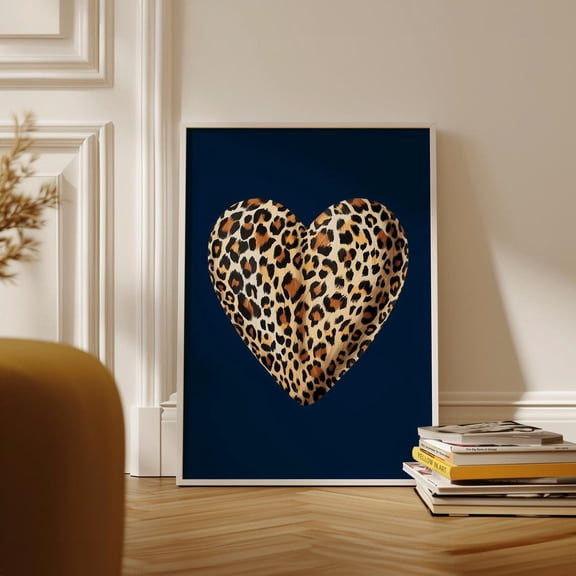 Leopard Print Heart Wall Art Navy Blue Bold Animal Statement Decor, Unframed Canvas 12x16in