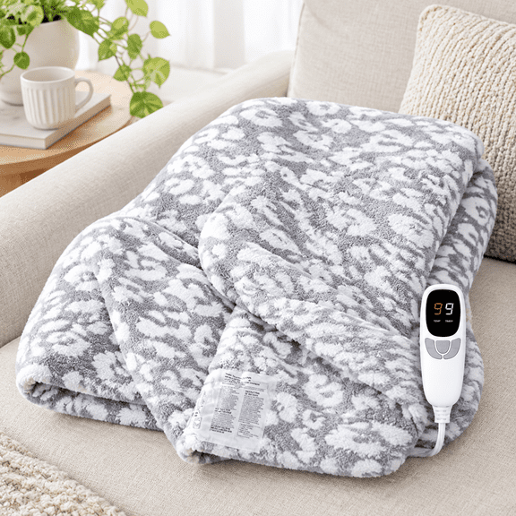 Leopard Print Heated Throw Electric Blanket Gray 50"x60"