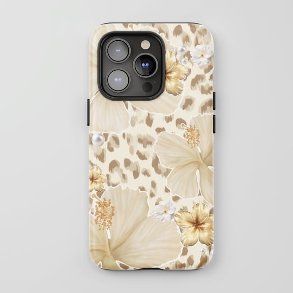 Leopard Print Hibiscus For iPhone Protective Phone Case Elegant Tropical Beige Gold