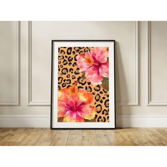Leopard Print Hibiscus Pink Tropical Floral Art Maximalist Glam Bedroom Decor, Unframed Paper Print