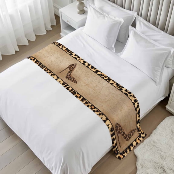 Leopard Print High Heels Bed Runner Scarf, Vintage Shoes Woman Retro Twin Bed Scarf Runner, No Fading Decorative Bedding Scarf for Bedroom Hotels Homes and Guestrooms