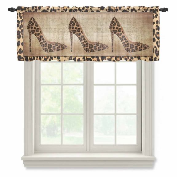 Leopard Print High Heels Semi Sheer Valance Curtains Vintage Shoes Woman Retro Voile Valances Curtain Rod Pocket Small Window Treatment for Kitchen Bathroom Cafe 42"x18"