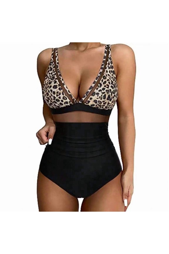 Leopard Print High-Waisted One-Piece Swimsuit With Deep V-Neck And Sheer