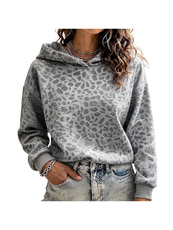 Leopard Print Hoodie for Women Long Sleeve Drop Shoulder Casual Pullover Sweatshirt for Fall Winter Wear