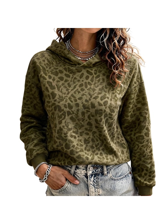Leopard Print Hoodie for Women Long Sleeve Drop Shoulder Casual Pullover Sweatshirt for Fall Winter Wear