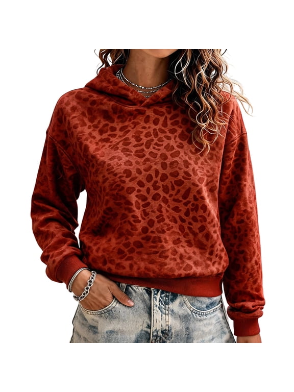 Leopard Print Hoodie for Women Long Sleeve Drop Shoulder Casual Pullover Sweatshirt for Fall Winter Wear