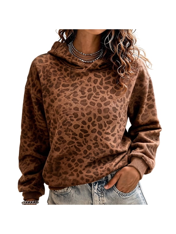 Leopard Print Hoodie for Women Long Sleeve Drop Shoulder Casual Pullover Sweatshirt for Fall Winter Wear