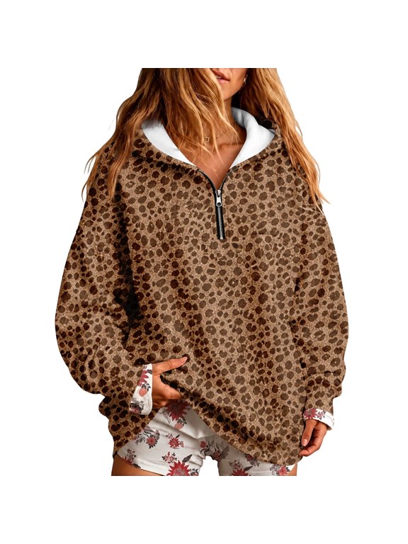 Leopard Print Hoodie for Women Quarter Zip Long Sleeve Drop Shoulder Loose Fit Hooded Sweatshirt Trendy Fall Casual Pullover Top Brown S