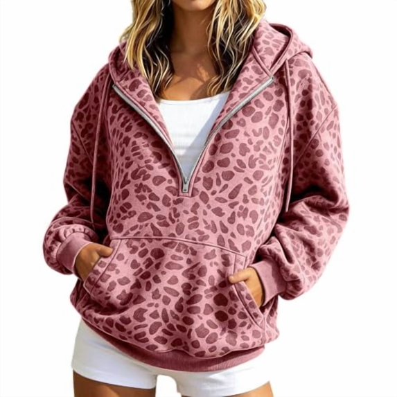 Leopard Print Hoodies for Women Quarter Zip Drawstring Long Sleeve Pullover Relaxed Fit Casual Trendy Y2k Sweatshirts With Kangaroo Pocket