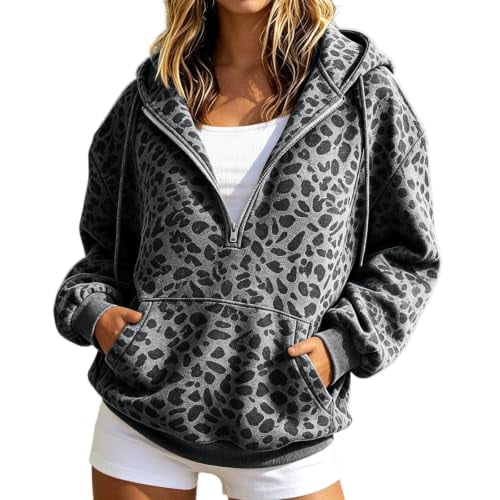 Leopard Print Hoodies for Women Quarter Zip Drawstring Long Sleeve Pullover Relaxed Fit Casual Trendy Y2k Sweatshirts With Kangaroo Pocket