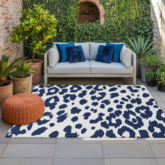 Leopard Print Indoor Outdoor Rugs 4x6 Ft, Morandi Style Navy Blue Leopard Print Country Outdoor Patio Rugs Mat Washable Outside Area Rugs Carpet for Porch Deck RV Camping Pool Balcony Backyard