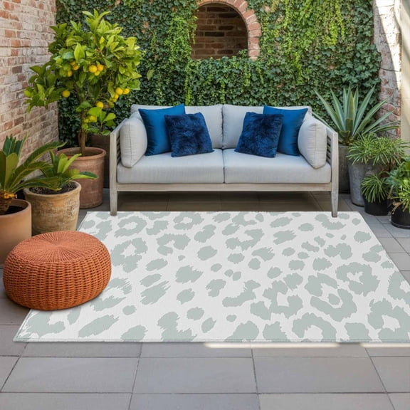 Leopard Print Indoor Outdoor Rugs 4x6 Ft, Morandi Style White Gray Leopard Print Country Outdoor Patio Rugs Mat Washable Outside Area Rugs Carpet for Porch Deck RV Camping Pool Balcony Backyard
