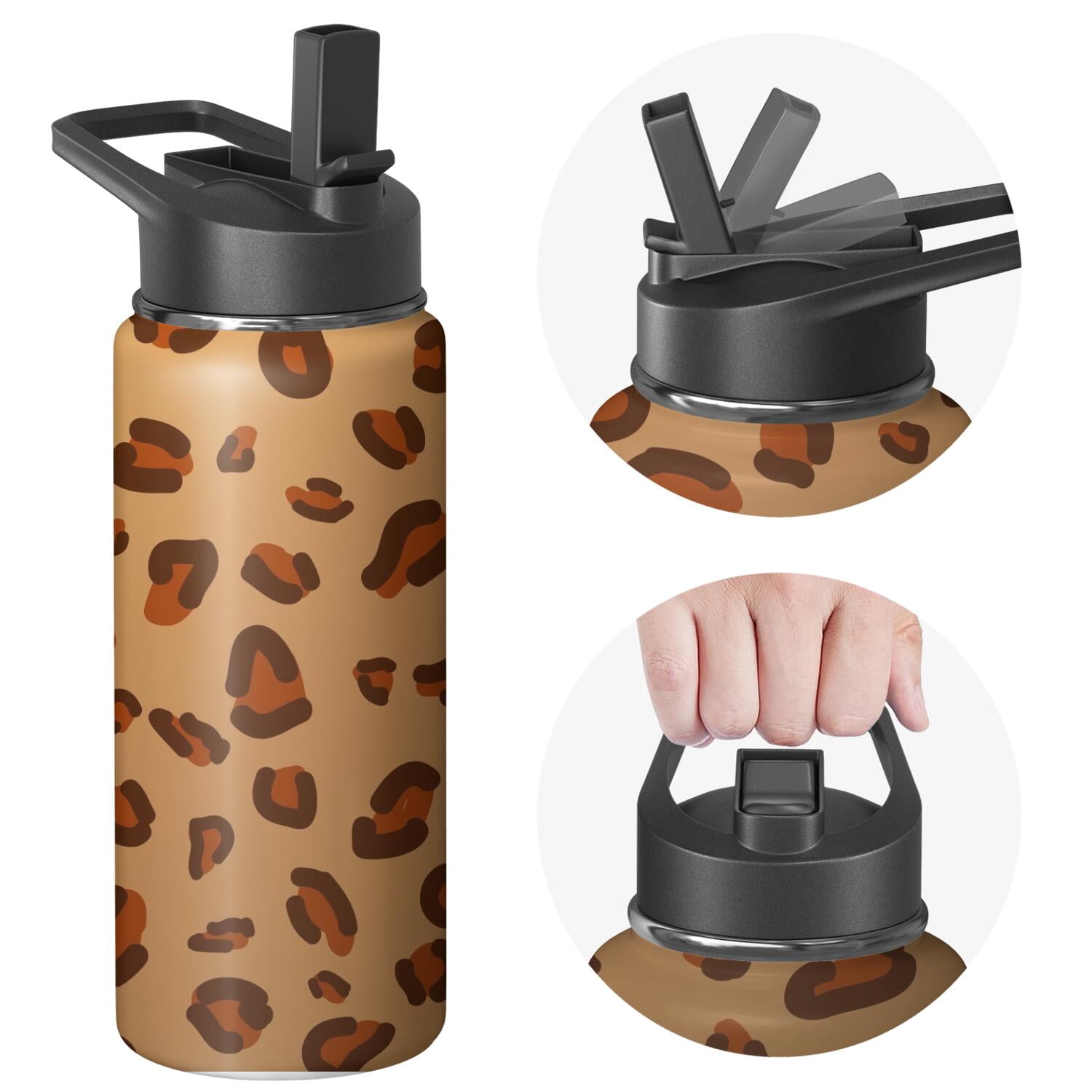 Leopard Print Insulated Stainless Steel Water Bottle with Straw & Cleaning Brush – 18 Oz | Leakproof, BPA-Free, 304 Stainless Steel, Wide Mouth, Travel Mug for Car, Gym, Office