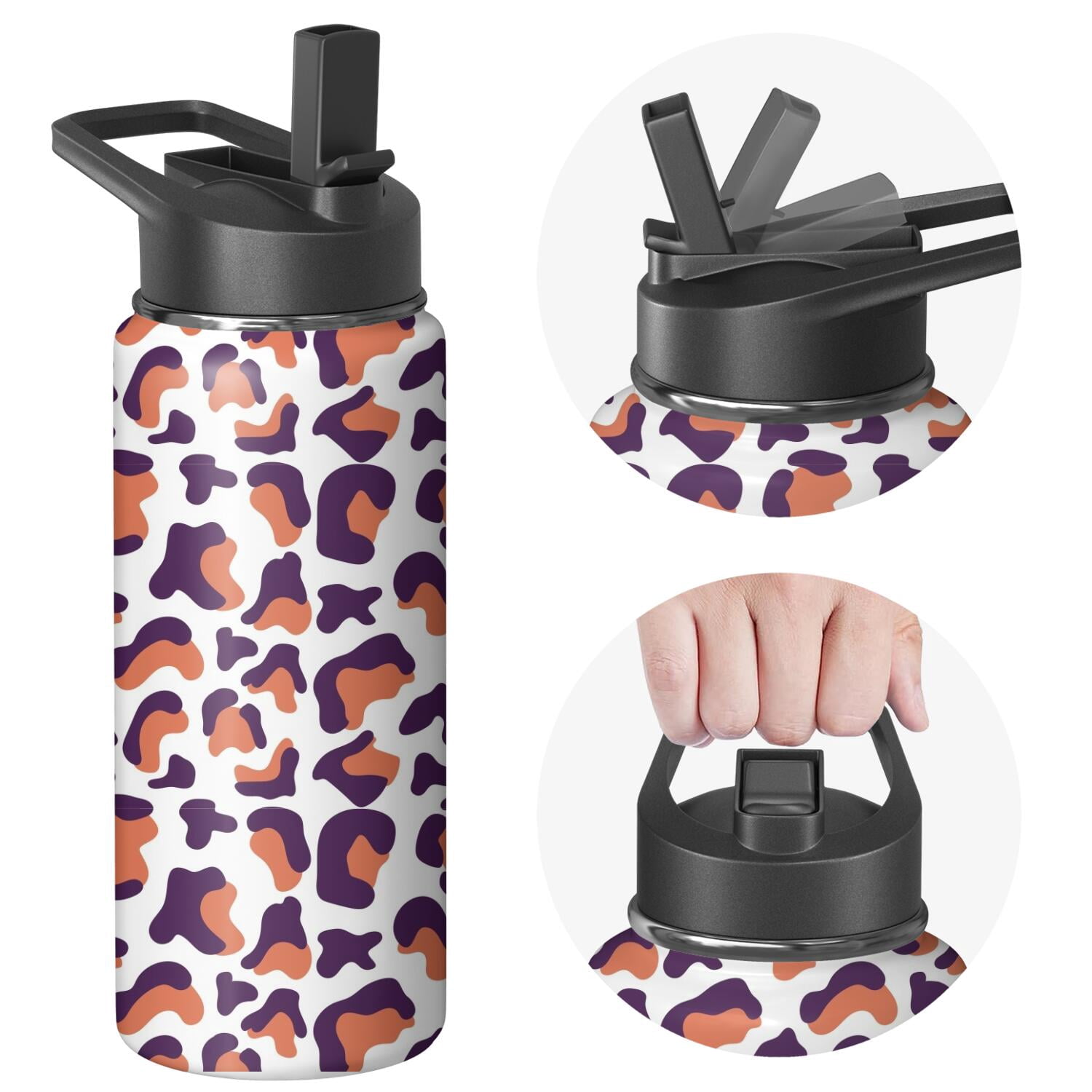 Leopard Print Insulated Stainless Steel Water Bottle with Straw & Cleaning Brush – 18 Oz | Leakproof, BPA-Free, 304 Stainless Steel, Wide Mouth, Travel Mug for Car, Gym, Office