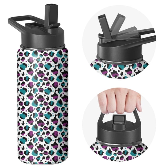 Leopard Print Insulated Stainless Steel Water Bottle with Straw & Cleaning Brush – 18 Oz | Leakproof, BPA-Free, 304 Stainless Steel, Wide Mouth, Travel Mug for Car, Gym, Office