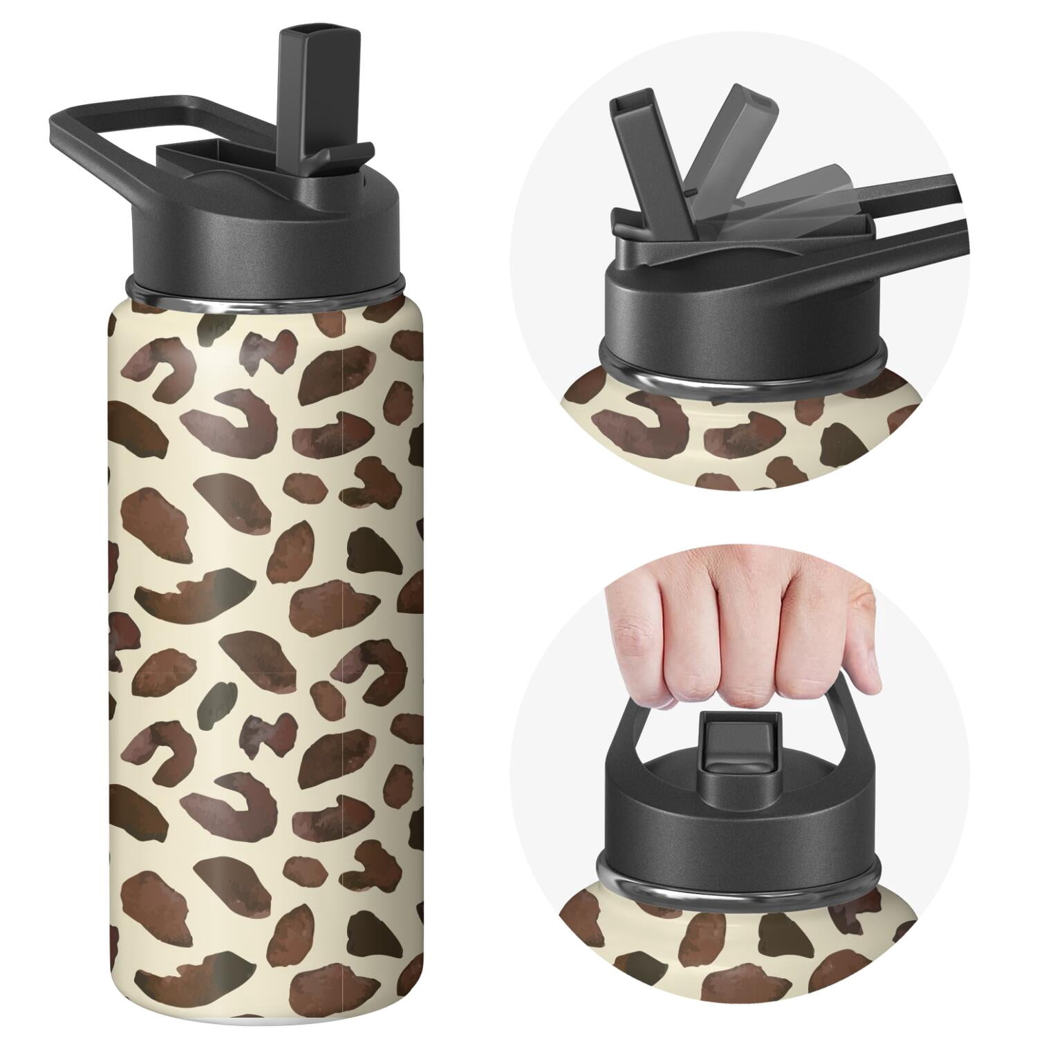 Leopard Print Insulated Stainless Steel Water Bottle with Straw & Cleaning Brush – 18 Oz | Leakproof, BPA-Free, 304 Stainless Steel, Wide Mouth, Travel Mug for Car, Gym, Office