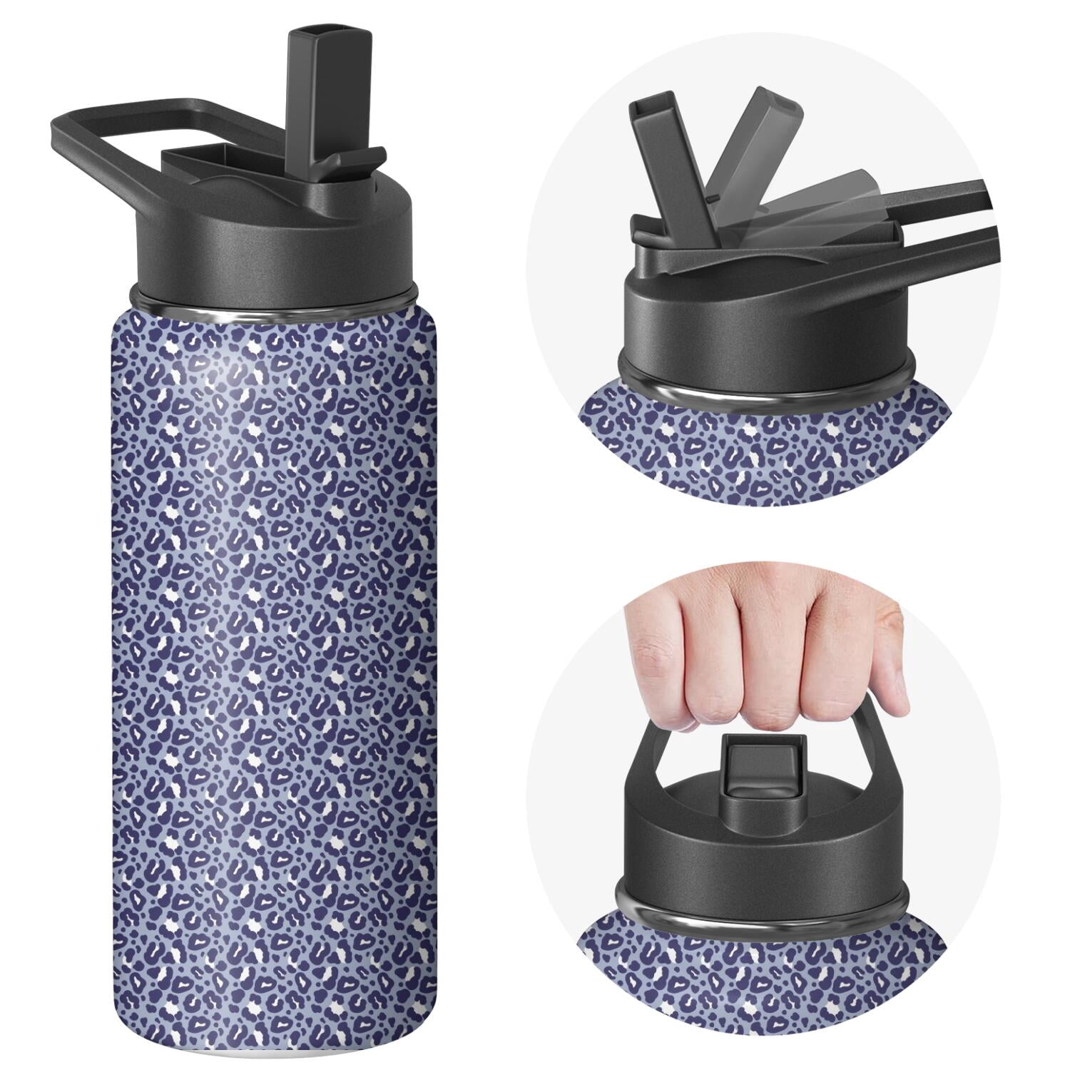Leopard Print Insulated Stainless Steel Water Bottle with Straw & Cleaning Brush – 18 Oz | Leakproof, BPA-Free, 304 Stainless Steel, Wide Mouth, Travel Mug for Car, Gym, Office