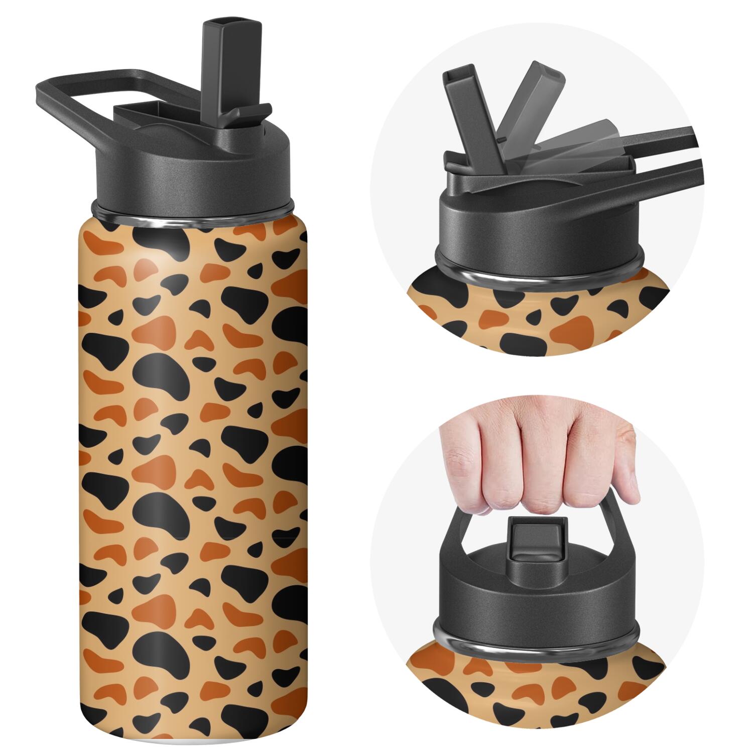 Leopard Print Insulated Stainless Steel Water Bottle with Straw & Cleaning Brush – 18 Oz | Leakproof, BPA-Free, 304 Stainless Steel, Wide Mouth, Travel Mug for Car, Gym, Office