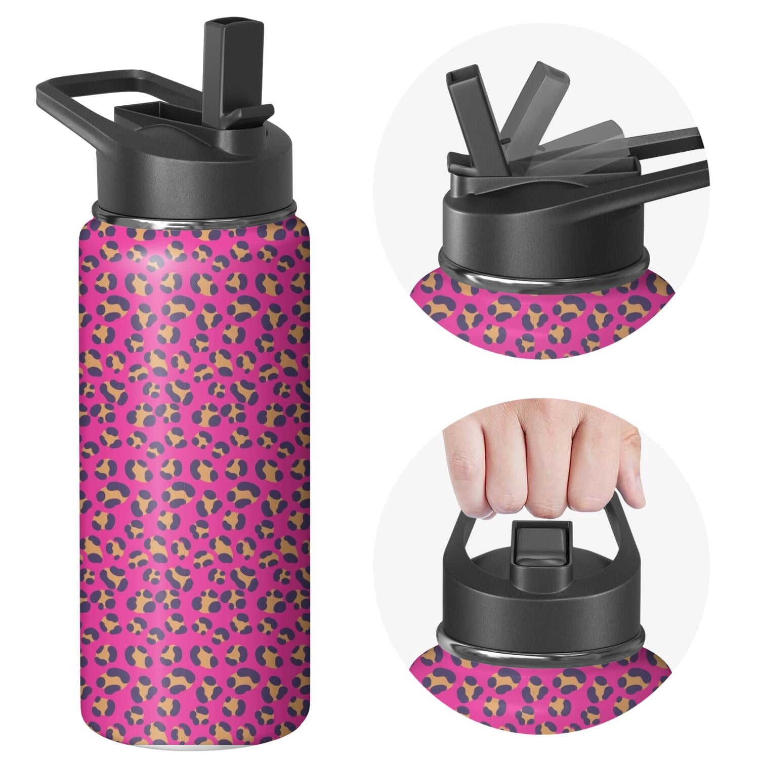 Leopard Print Insulated Stainless Steel Water Bottle with Straw & Cleaning Brush – 18 Oz | Leakproof, BPA-Free, 304 Stainless Steel, Wide Mouth, Travel Mug for Car, Gym, Office