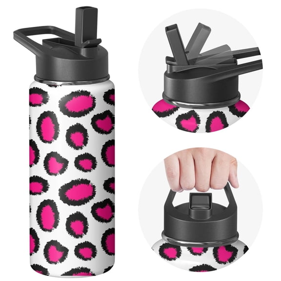 Leopard Print Insulated Stainless Steel Water Bottle with Straw & Cleaning Brush – 18 Oz | Leakproof, BPA-Free, 304 Stainless Steel, Wide Mouth, Travel Mug for Car, Gym, Office