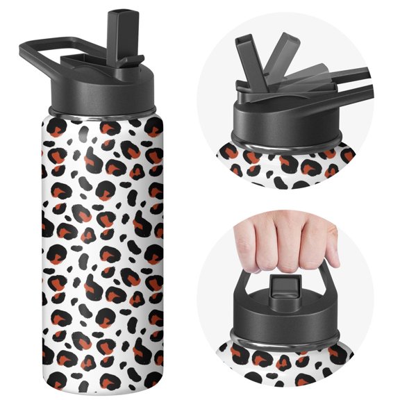 Leopard Print Insulated Stainless Steel Water Bottle with Straw & Cleaning Brush – 18 Oz | Leakproof, BPA-Free, 304 Stainless Steel, Wide Mouth, Travel Mug for Car, Gym, Office