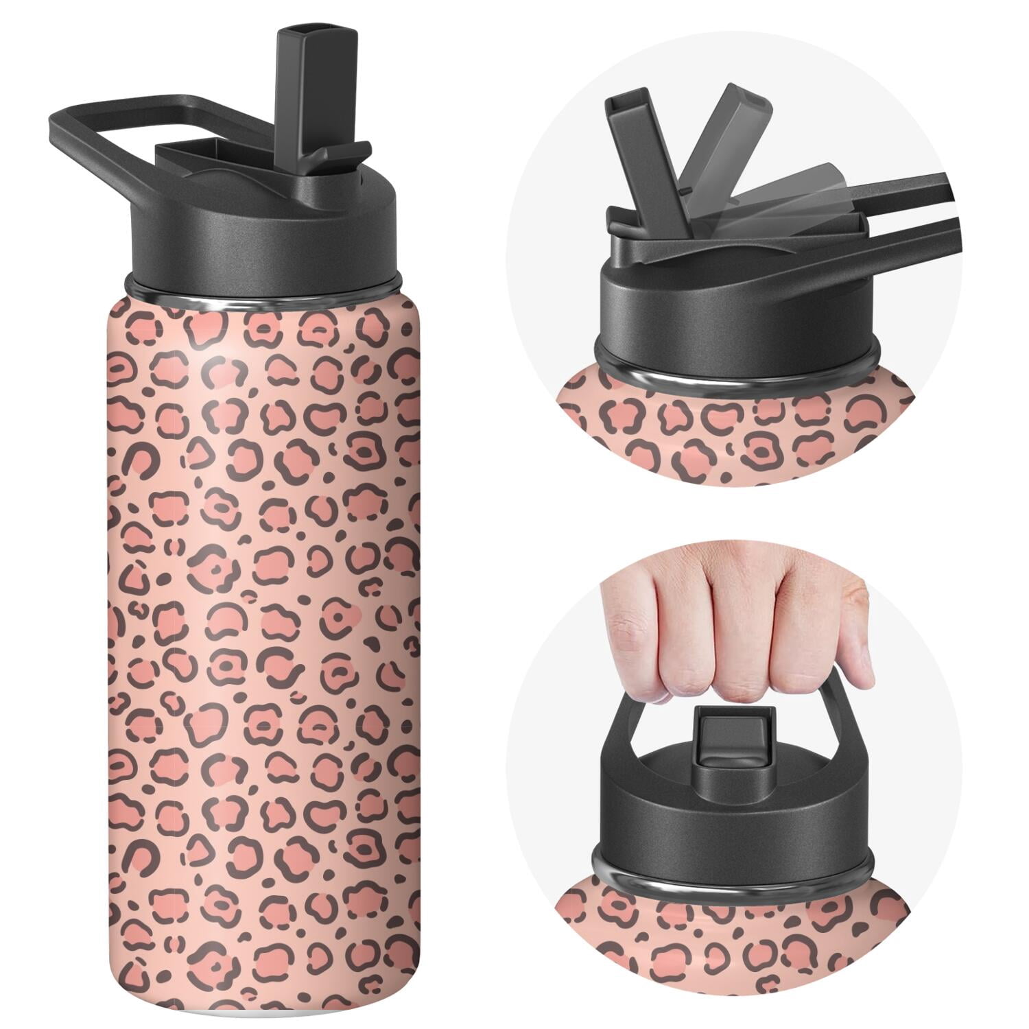 Leopard Print Insulated Stainless Steel Water Bottle with Straw & Cleaning Brush – 18 Oz | Leakproof, BPA-Free, 304 Stainless Steel, Wide Mouth, Travel Mug for Car, Gym, Office