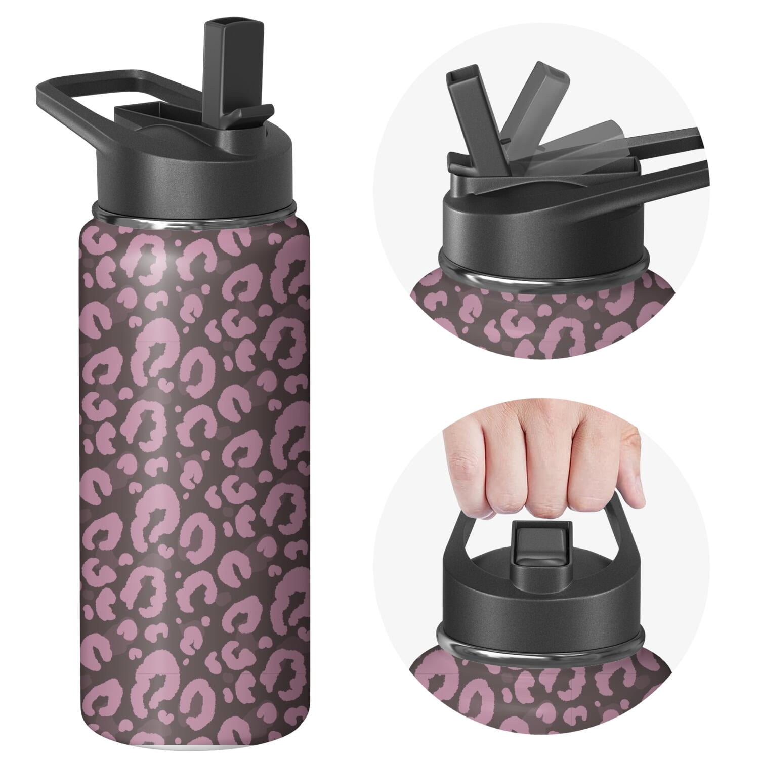 Leopard Print Insulated Stainless Steel Water Bottle with Straw & Cleaning Brush – 18 Oz | Leakproof, BPA-Free, 304 Stainless Steel, Wide Mouth, Travel Mug for Car, Gym, Office
