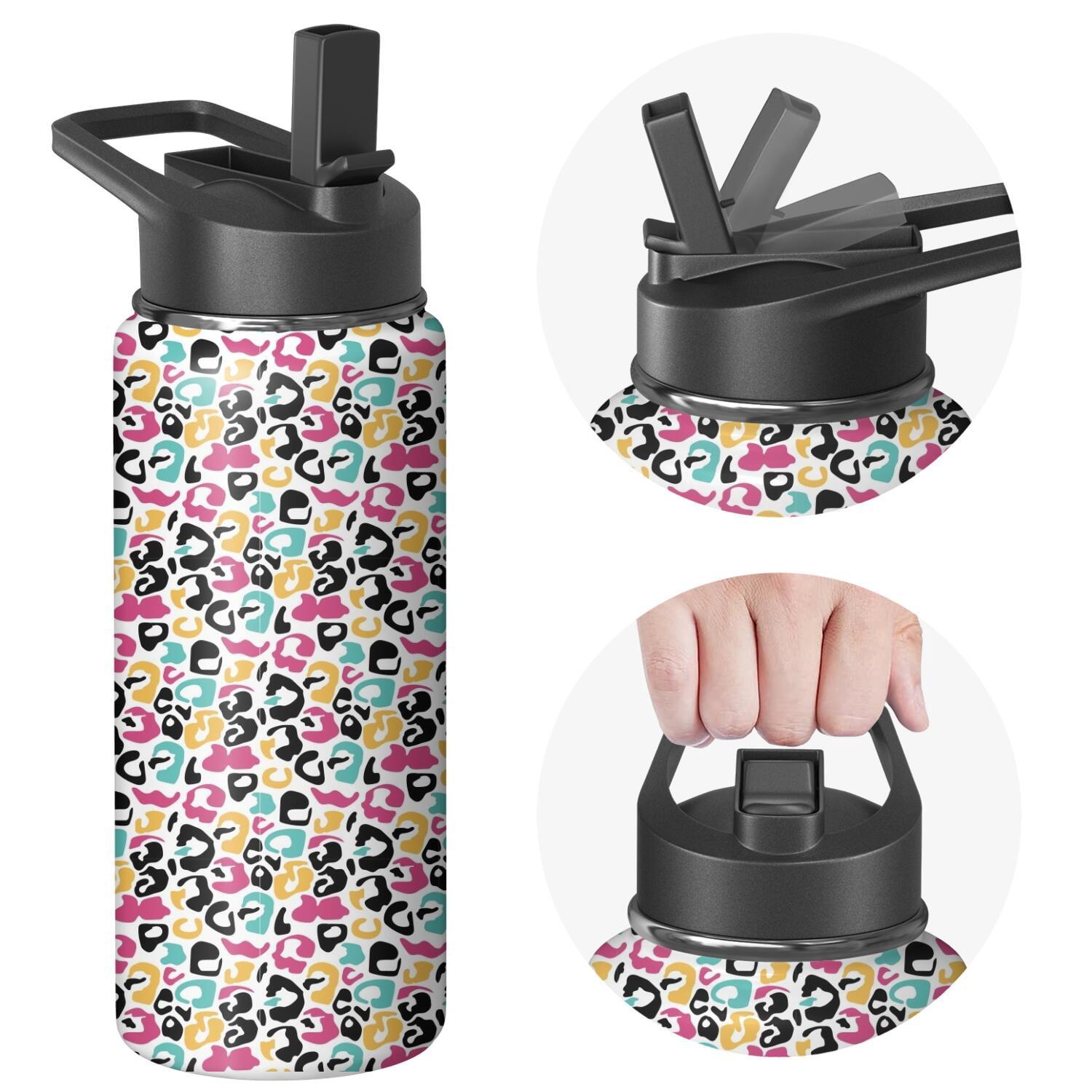Leopard Print Insulated Stainless Steel Water Bottle with Straw & Cleaning Brush – 18 Oz | Leakproof, BPA-Free, 304 Stainless Steel, Wide Mouth, Travel Mug for Car, Gym, Office
