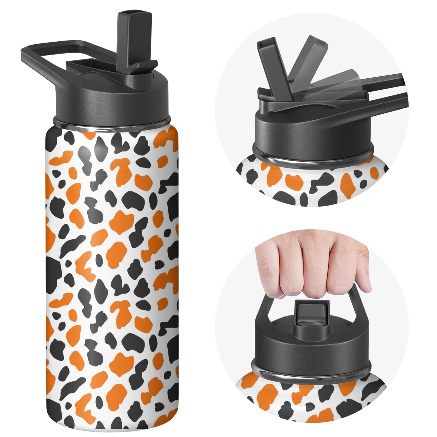 Leopard Print Insulated Stainless Steel Water Bottle with Straw & Cleaning Brush – 18 Oz | Leakproof, BPA-Free, 304 Stainless Steel, Wide Mouth, Travel Mug for Car, Gym, Office