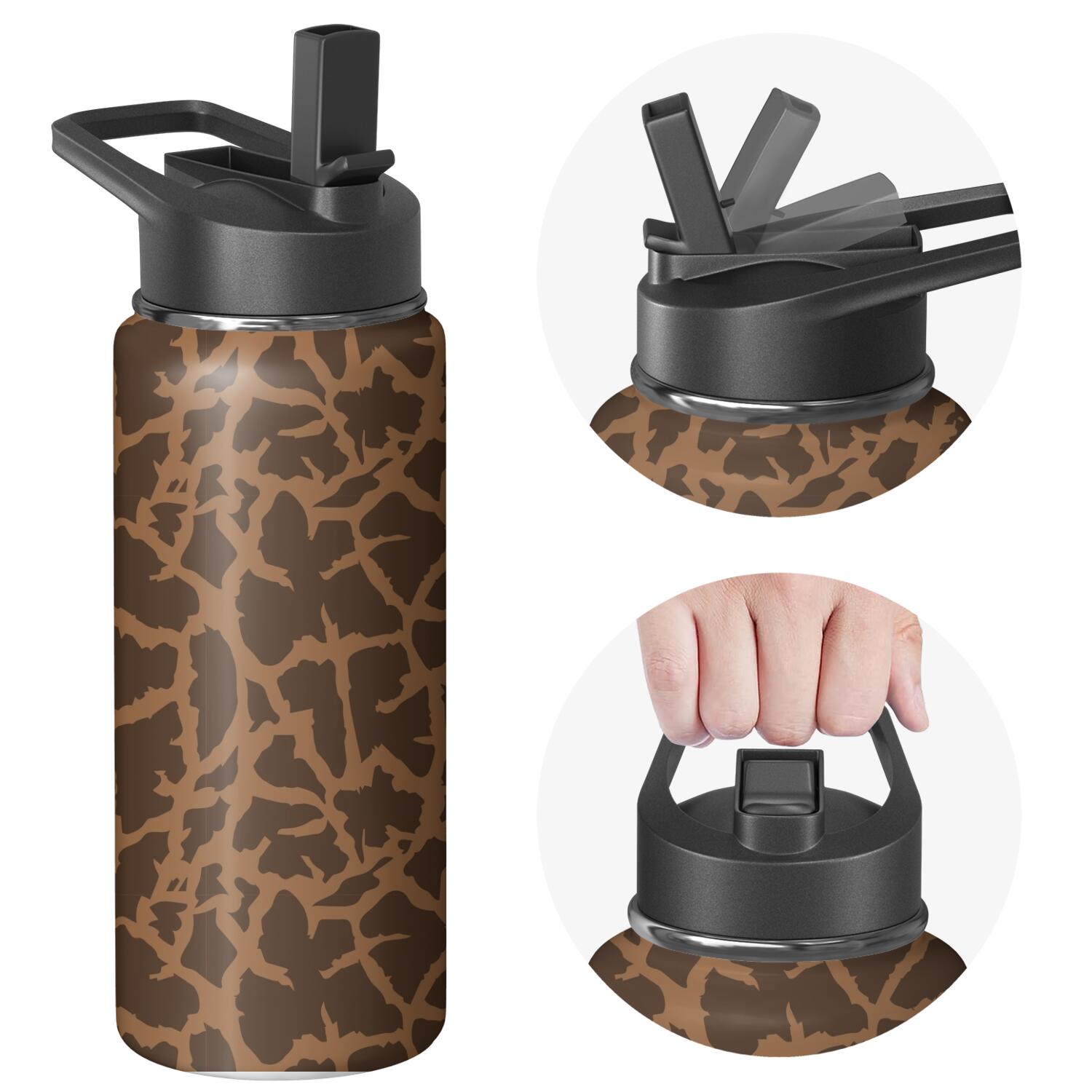 Leopard Print Insulated Stainless Steel Water Bottle with Straw & Cleaning Brush – 18 Oz | Leakproof, BPA-Free, 304 Stainless Steel, Wide Mouth, Travel Mug for Car, Gym, Office